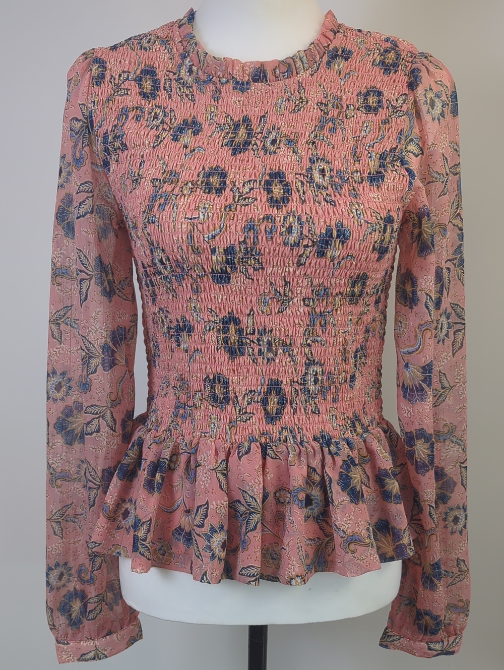Patrons of Peace Boho Smocked Peplum Floral Blouse Pink Blue Cottagecore LARGE